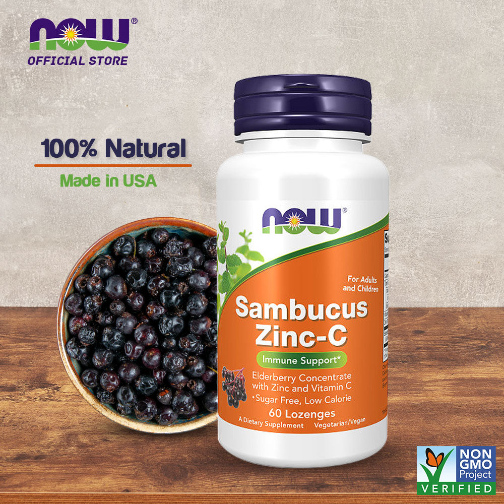 NOW Supplements, Sambucus Zinc-C with Elderberry Concentrate and Vitamin C, 60 Lozenges - Bloom Concept