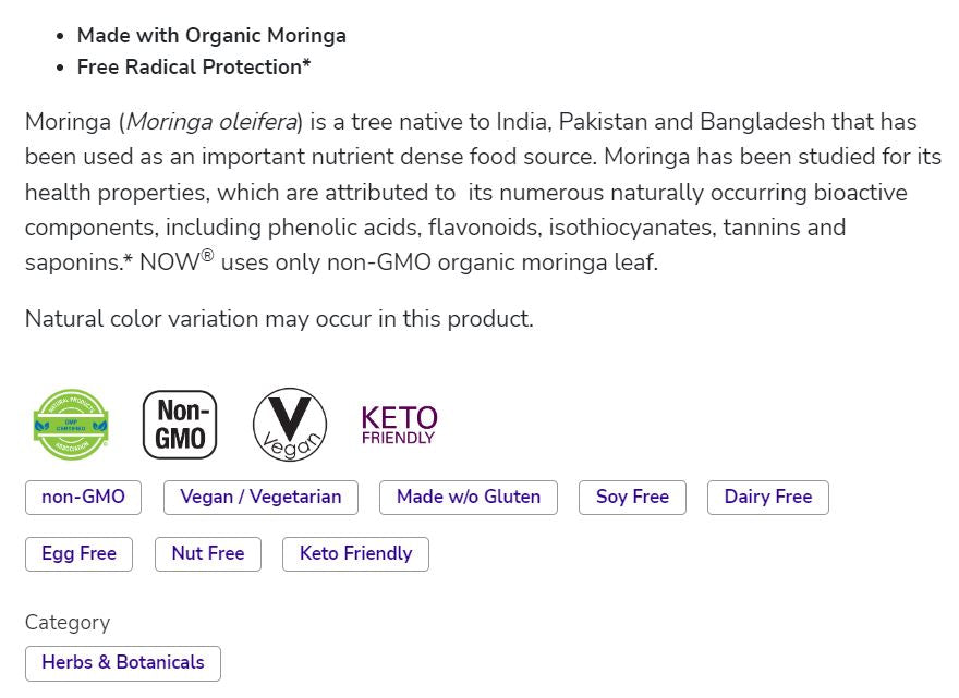 NOW Foods Moringa Leaf, Green Super Herb, Made with Organic Moringa, Free Radical Protection*, 90 Veg Capsules Vitamins & Supplements NOW Foods USA