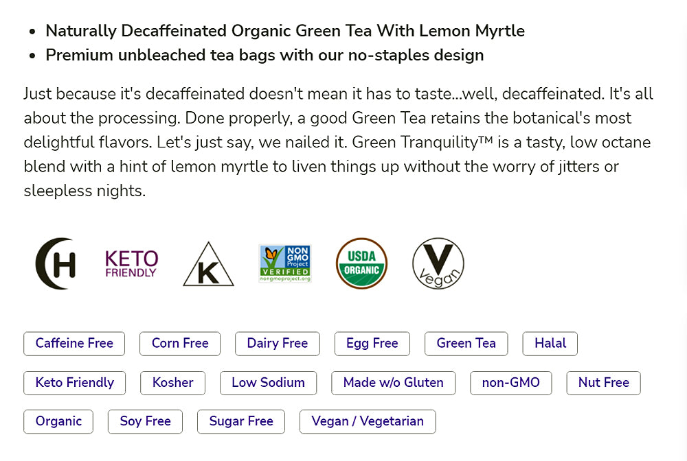 NOW Foods, Certified Organic Green Tranquility™ Tea, Decaf Green with Lemon Myrtle, Non-GMO, 24-Count Natural Foods NOW Foods USA