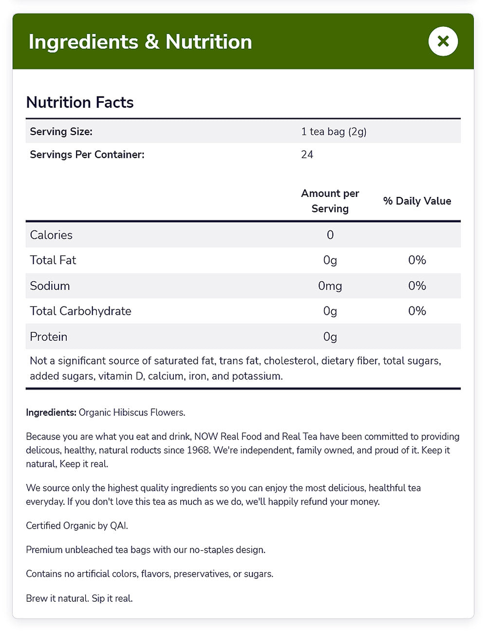 Now Foods, Organic Real Tea, Organically Hip Hibiscus, Caffeine-Free, 24 Tea Bags, 1.7 oz (48 g) Natural Foods NOW Foods USA