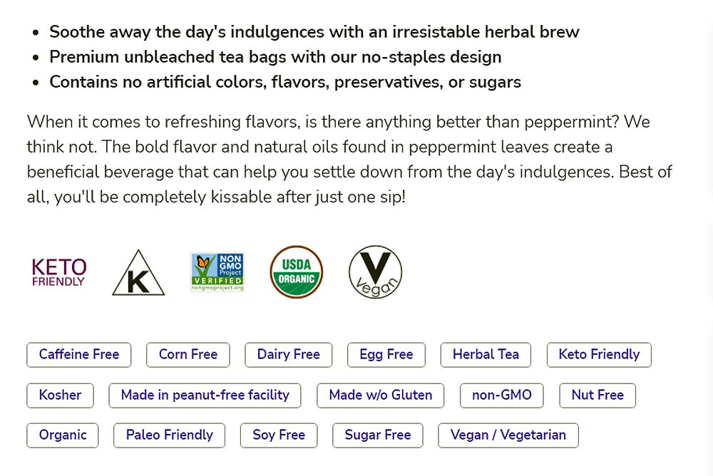 NOW Foods, Certified Organic Peppermint Tea, Soothing and Refreshing, Caffeine-Free, No Artificial Colors, Flavors, Preservatives or Sugars, 24-Count Natural Foods NOW Foods USA
