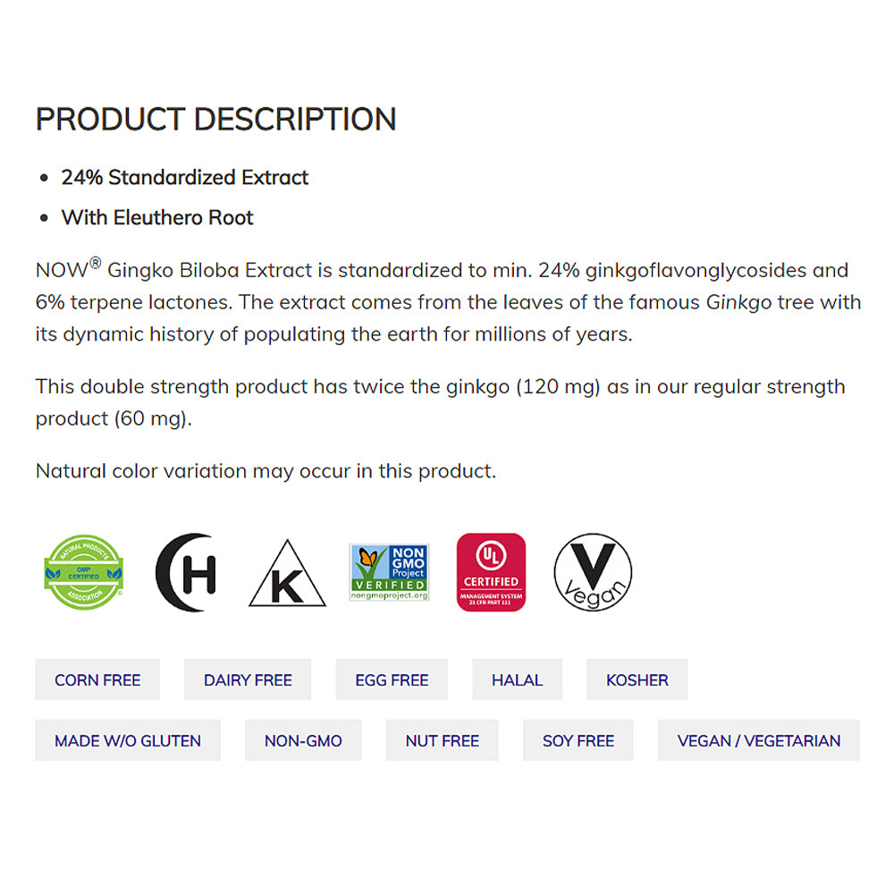 NOW Supplements, Ginkgo Biloba 120 mg, Double Strength, Non-GMO Project Verified, 50 Veg Capsules - Bloom Concept