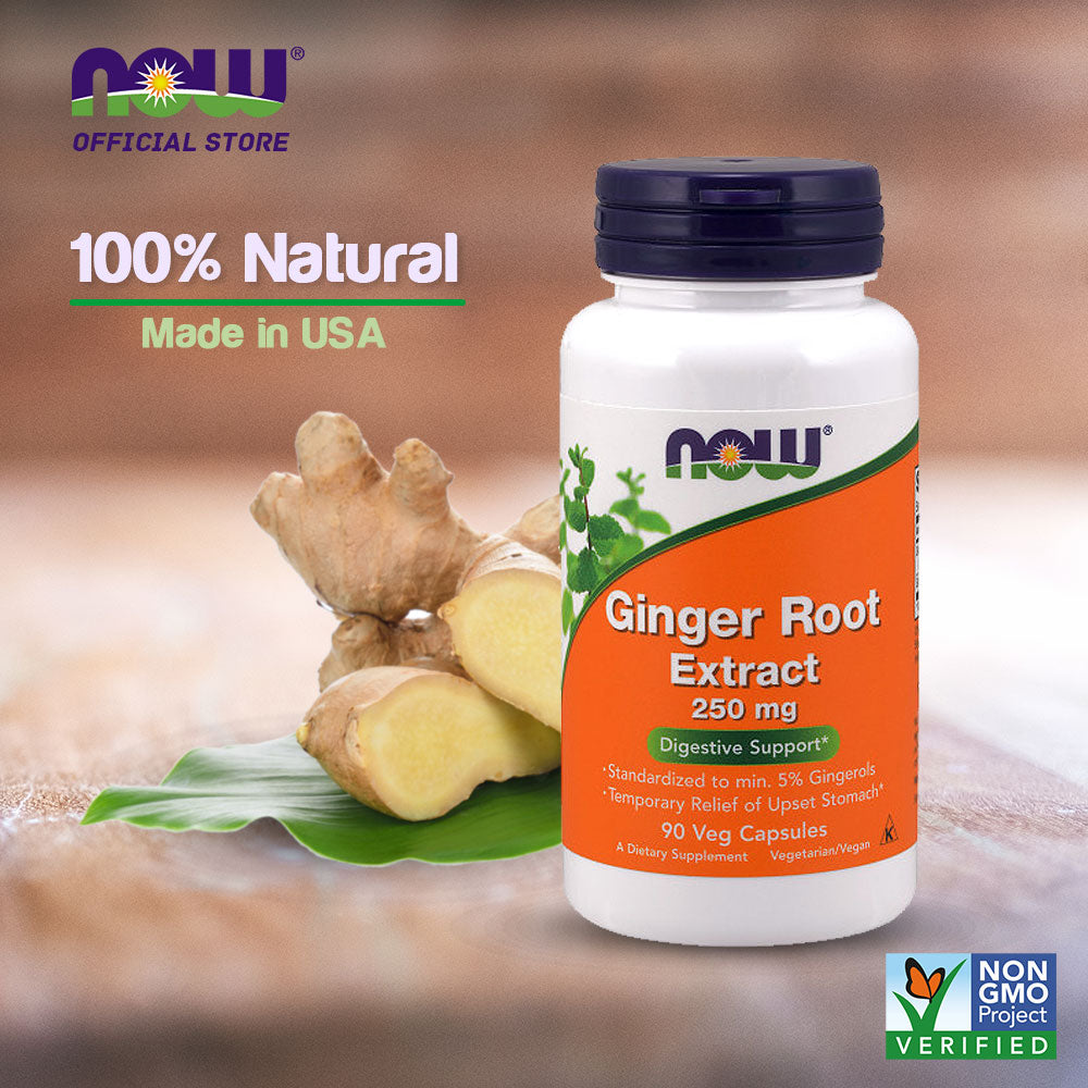 NOW Supplements, Ginger Root Extract 250 mg, Temporary Relief of Upset Stomach*, Digestive Support*, 90 Veg Capsules - Bloom Concept