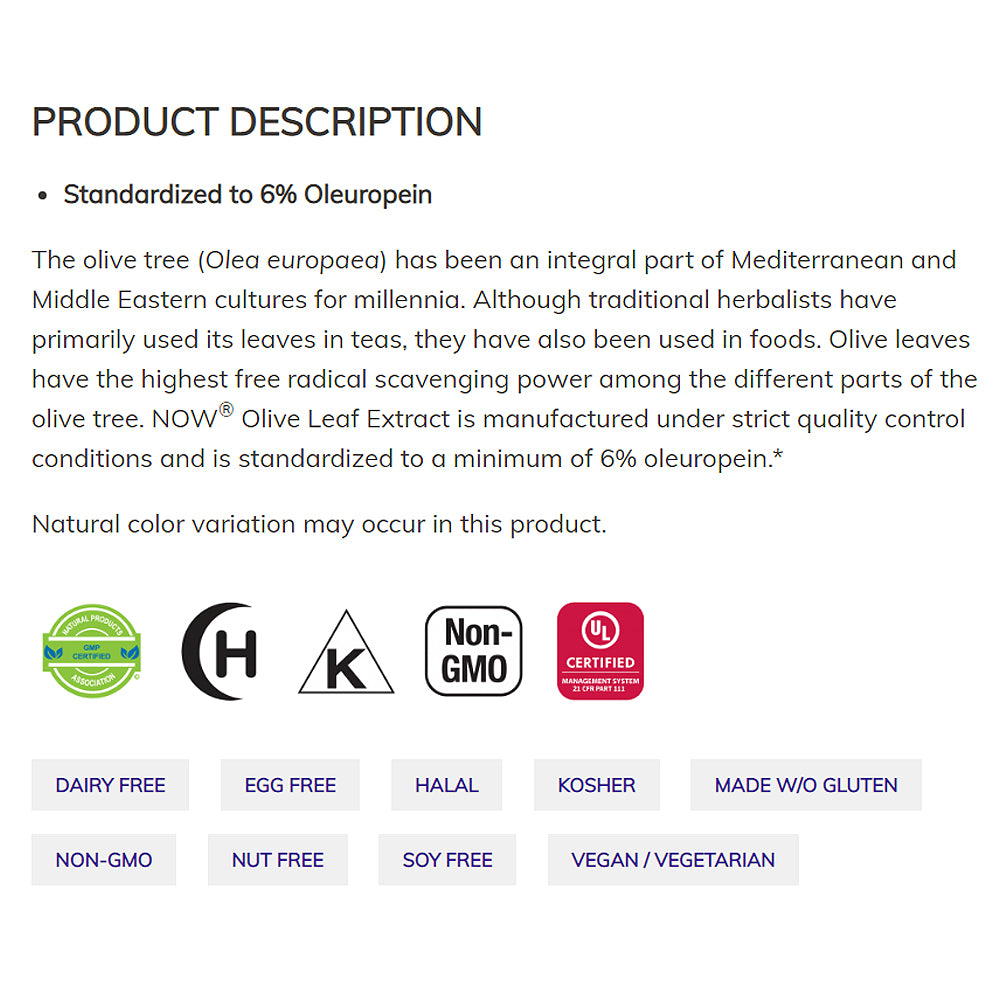 NOW Supplements, Olive Leaf Extract 500 mg, Free Radical Scavenger*, 60 Veg Capsules - Bloom Concept