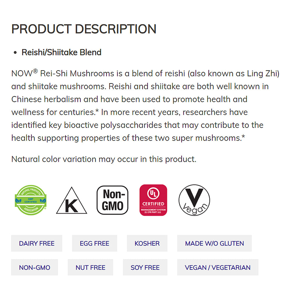 NOW Supplements, Rei-Shi Mushrooms 270 mg, Reishi/Shiitake Blend, Super Mushrooms, 100 Veg Capsules Vitamins & Supplements NOW Foods USA