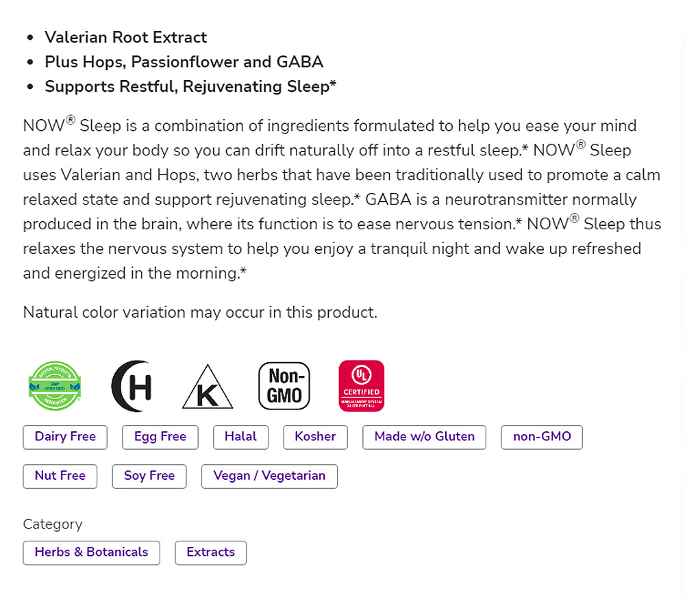 NOW Supplements, Sleep with Valerian Root Extract Plus Hops, Passionflower and GABA, Botanical Sleep Blend*, 90 Veg Capsules - Bloom Concept