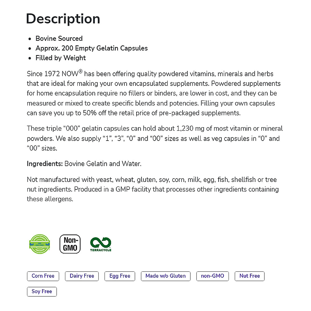 NOW Supplements, Empty Gelatin Capsules, Triple "000", Bovine Sourced, Filled by Weight, 200 Gel Capsules - Bloom Concept