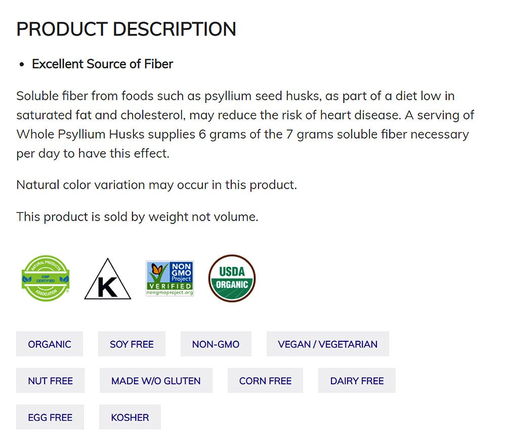 NOW Supplements, Whole Psyllium Husks, Certified Organic, Non-GMO Project Verified, Soluble Fiber, 12-Ounce (340 g) - Bloom Concept