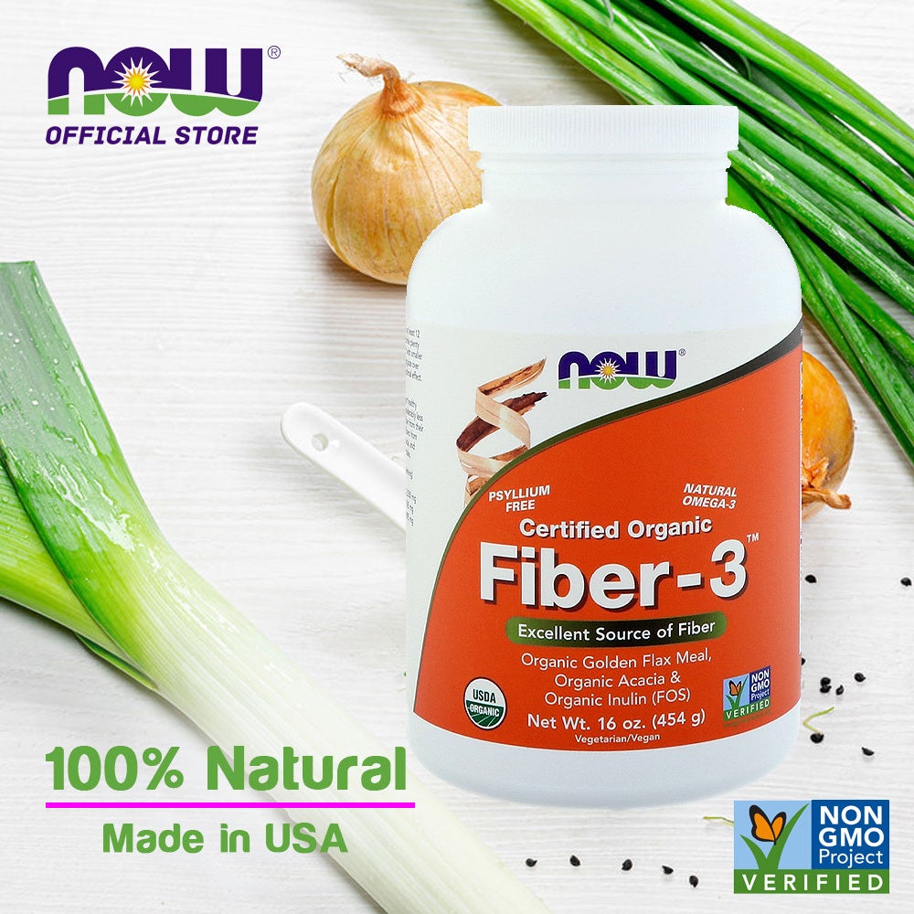 NOW Supplements, Fiber-3, Certified Organic, Non-GMO Project Verified, Psyllium Free, with Organic Golden Flax Meal, Acacia & Inulin, 16-Ounce (454 g) - Bloom Concept