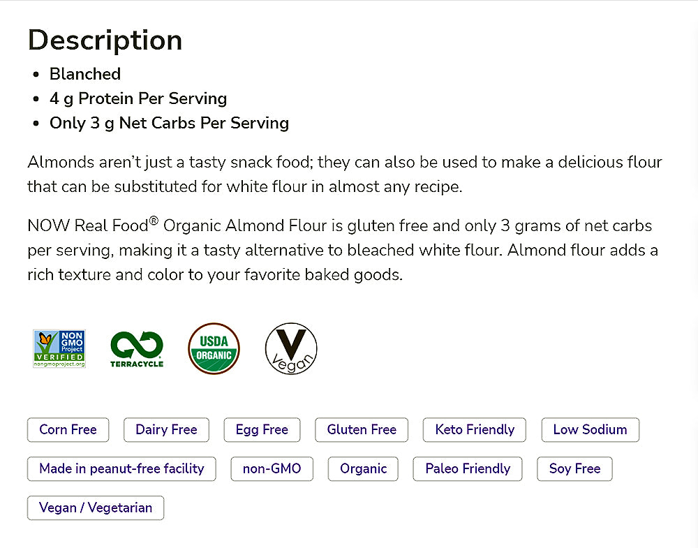 NOW Foods, Organic Almond Flour, Superfine, Blanched, Certified Non-GMO, 16-Ounce (454 g) - Bloom Concept