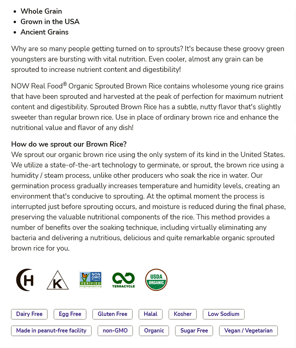 NOW Foods, Organic Sprouted Brown Rice, Raw, Gluten-Free and Whole Grain, 16-Ounce (454g) Natural Foods NOW Foods USA