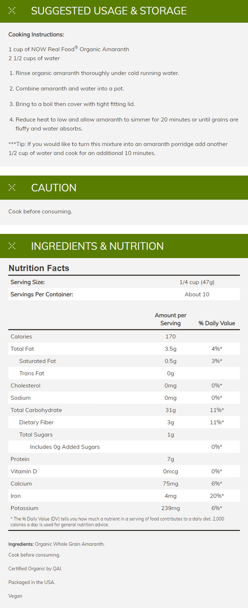 NOW Foods, Organic Amaranth Whole Grain, Source of Protein and Fiber, Gluten-Free, Certified Non-GMO, 16-Ounce (454g) Natural Foods NOW Foods USA