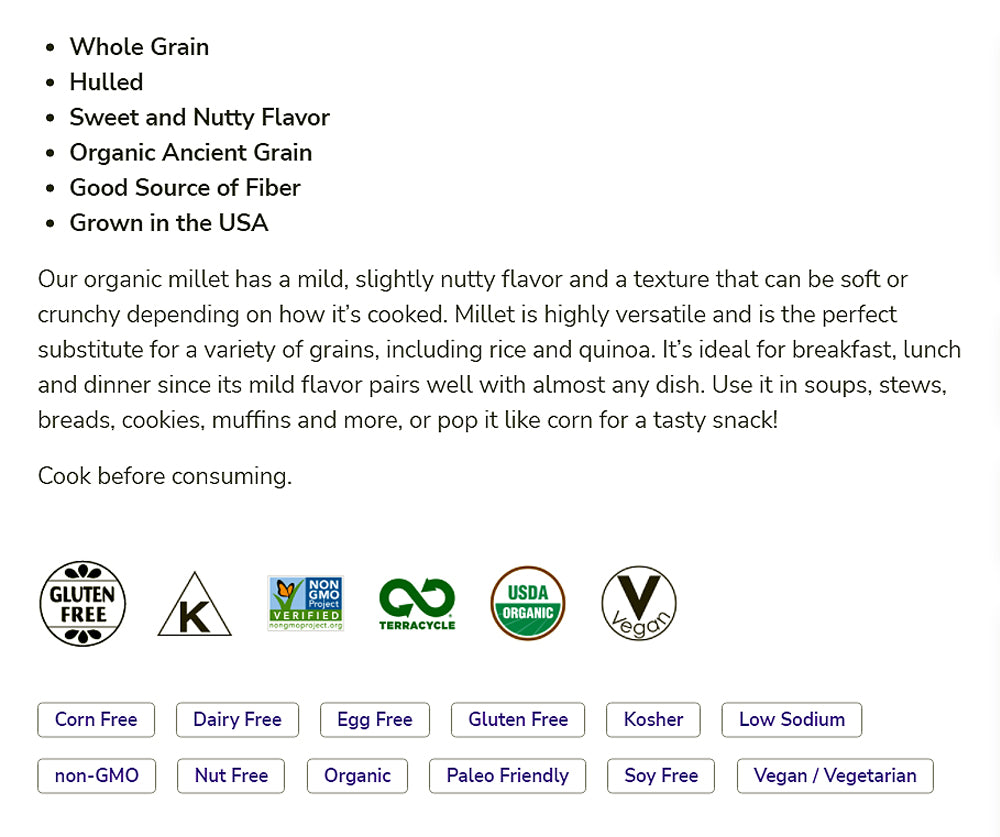 NOW Foods, Organic Millet, Gluten-Free, Whole Grain, Hulled, USA-Grown, 16-Ounce (454g) - Bloom Concept