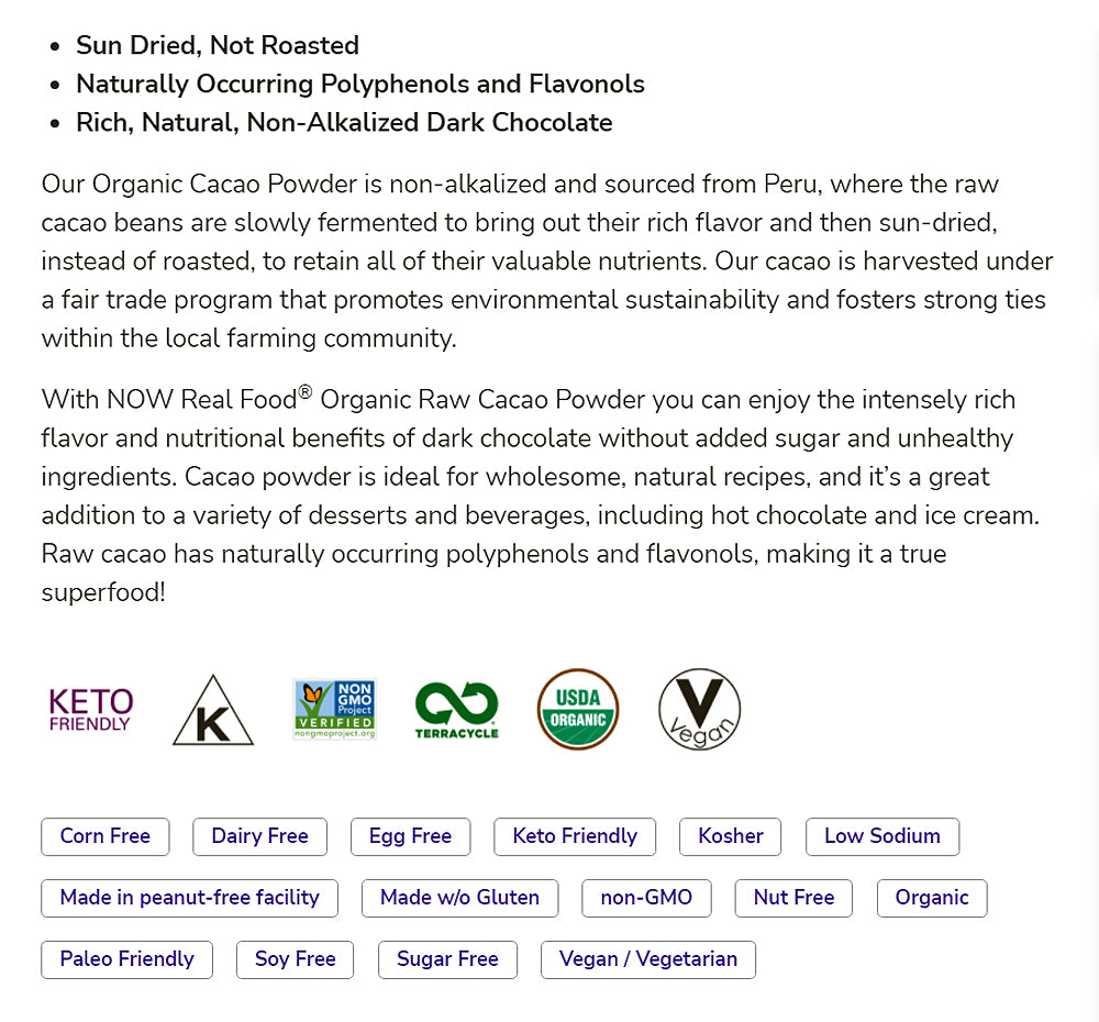 NOW Foods, Organic Raw Cacao Powder, with Polyphenols and Flavonols, Sun-Dried, Intensely Rich Flavor, (340 g) - Bloom Concept