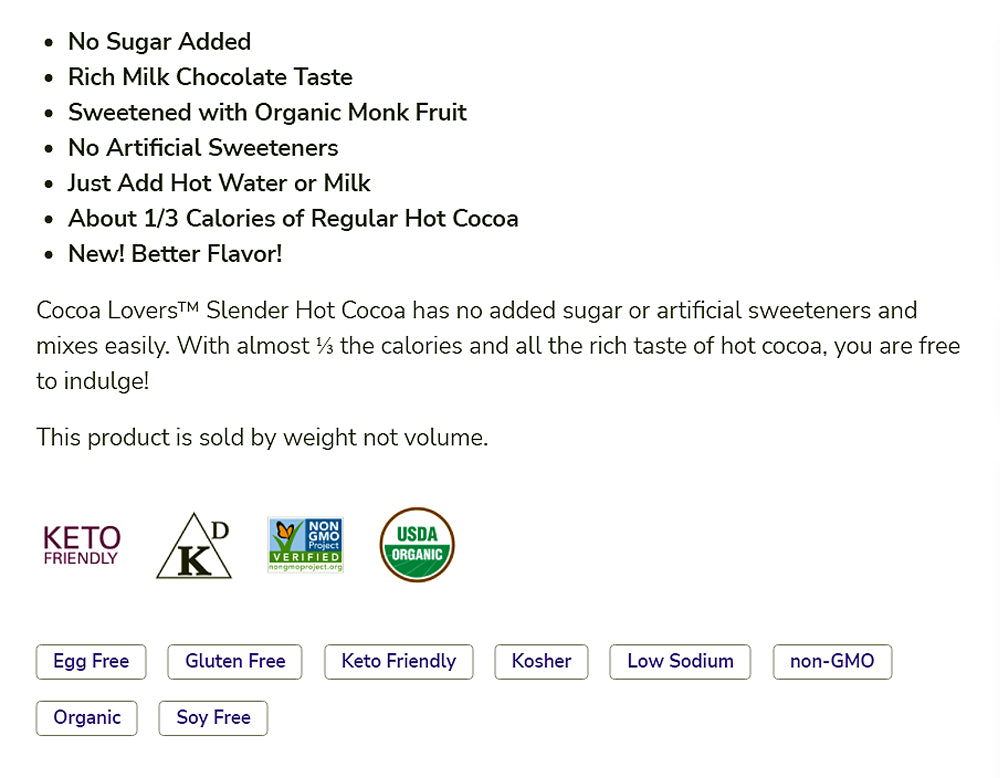 NOW Foods, Organic Cocoa Lover's Slender Hot Cocoa, No Sugar Added, Certified Non-GMO, Kosher, 10-Ounce (284g) - Bloom Concept