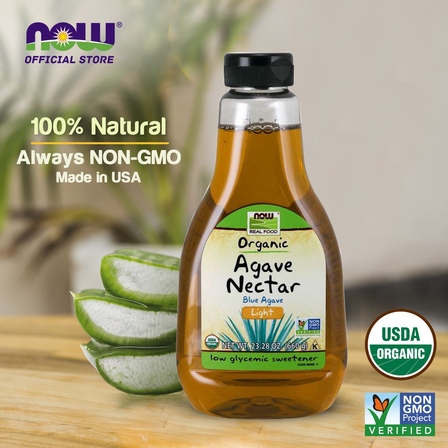 NOW Foods, Certified Organic Light Agave Nectar, Blue Agave, Certified Non-GMO, Low-Glycemic Sweetener, Kosher, 23.2-Ounce (660 g) - Bloom Concept