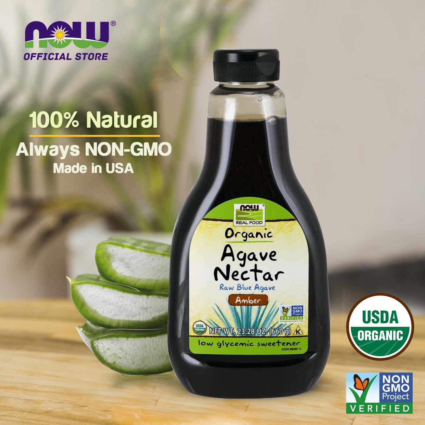 NOW Foods, Certified Organic Amber Agave Nectar, Raw Blue Agave, Certified Non-GMO, Low-Glycemic Sweetener, Kosher, 23.2-Ounce (660 g) - Bloom Concept