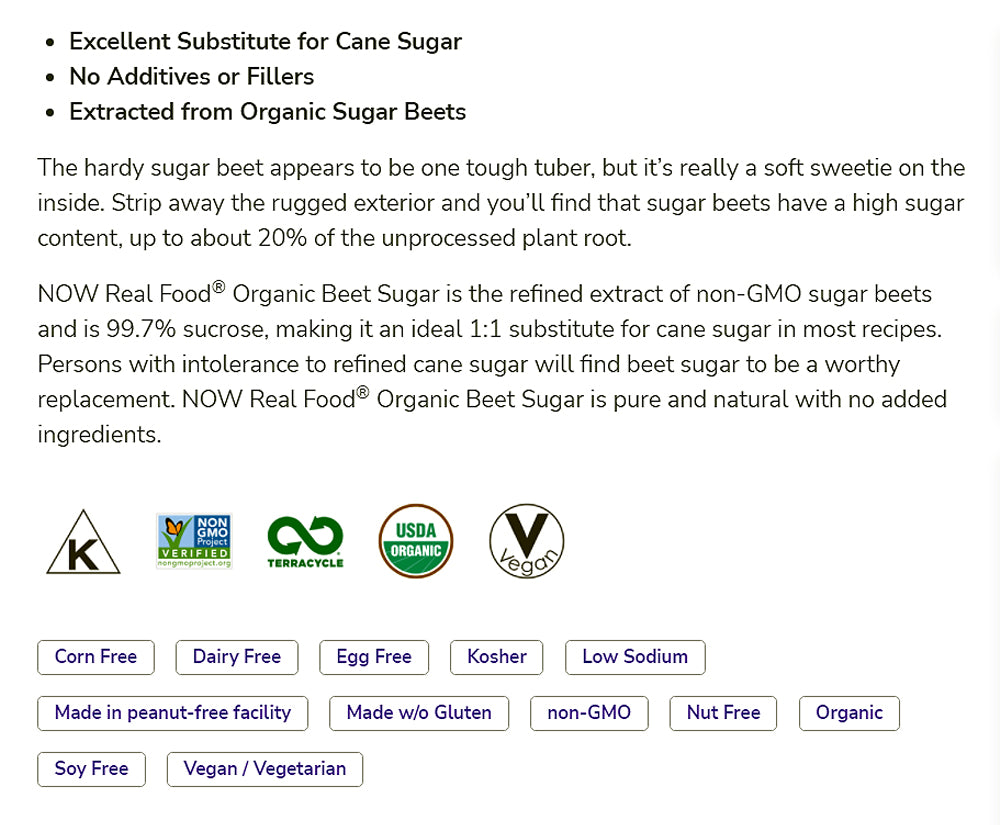 NOW Foods, Certified Organic Beet Sugar, Extracted from Organic Sugar Beets, Excellent Substitute for Cane Sugar, No Additivies or Fillers, Certified Non-GMO, 3-Pound (1361g) - Bloom Concept
