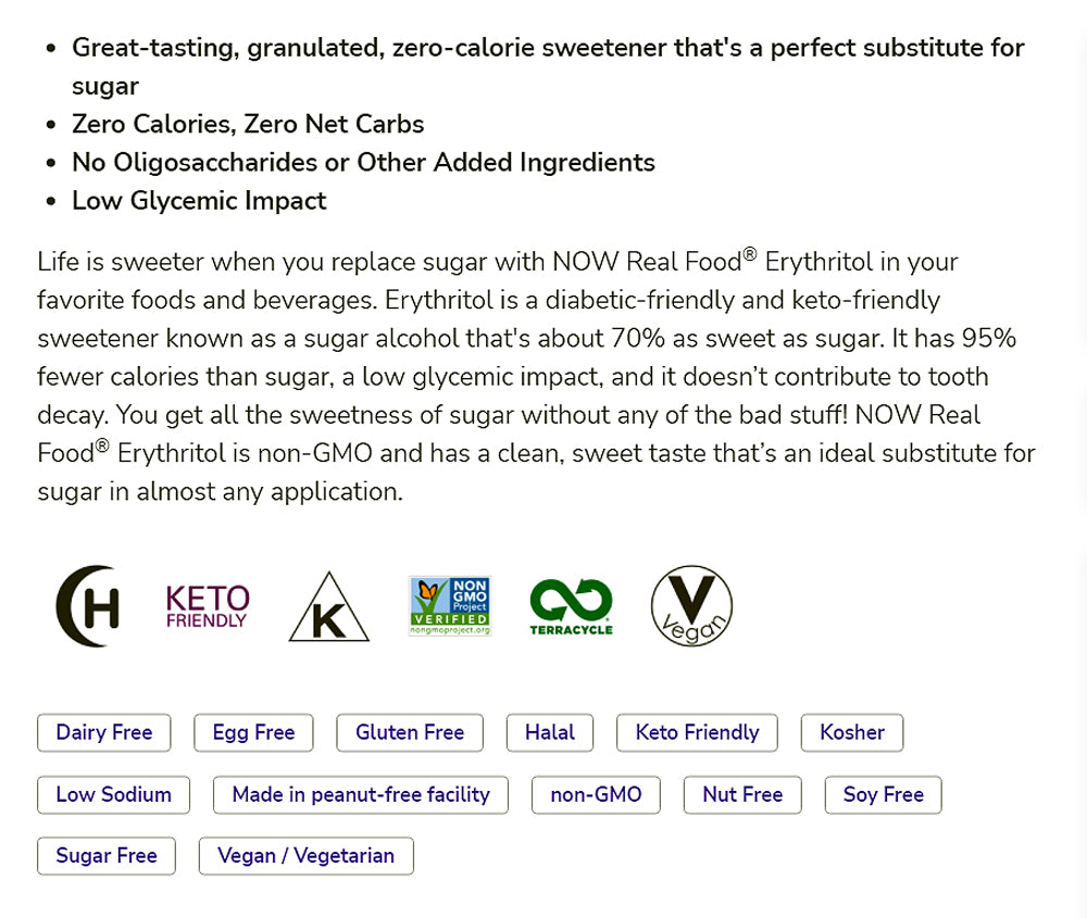 NOW Foods, Erythritol, Great-Tasting Sugar Replacement, Zero Calories, Low Glycemic Impact, Kosher, 2.5-Pound (1134g) Natural Foods NOW Foods USA