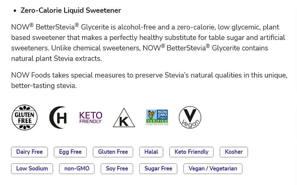 NOW Foods, Better Stevia Liquid, Glycerite, Zero-Calorie Liquid Sweetener, Low Glycemic Impact, Certified Non-GMO, 2-Ounce (59ml) Natural Foods NOW Foods USA