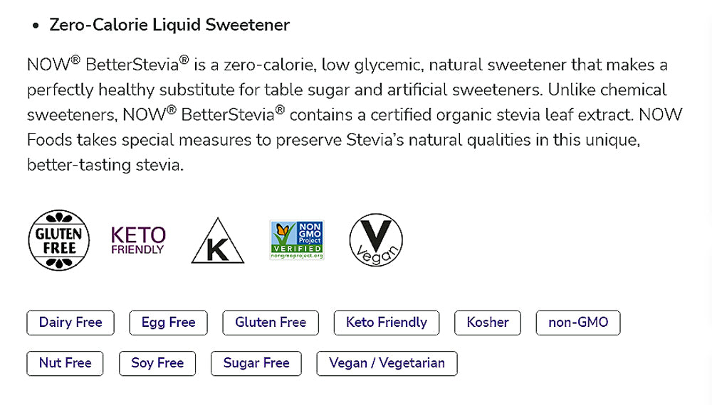 NOW Foods, Better Stevia Liquid, Original, Zero-Calorie Liquid Sweetener, Low Glycemic Impact, Certified Non-GMO, 2-Ounce (60ml) - Bloom Concept