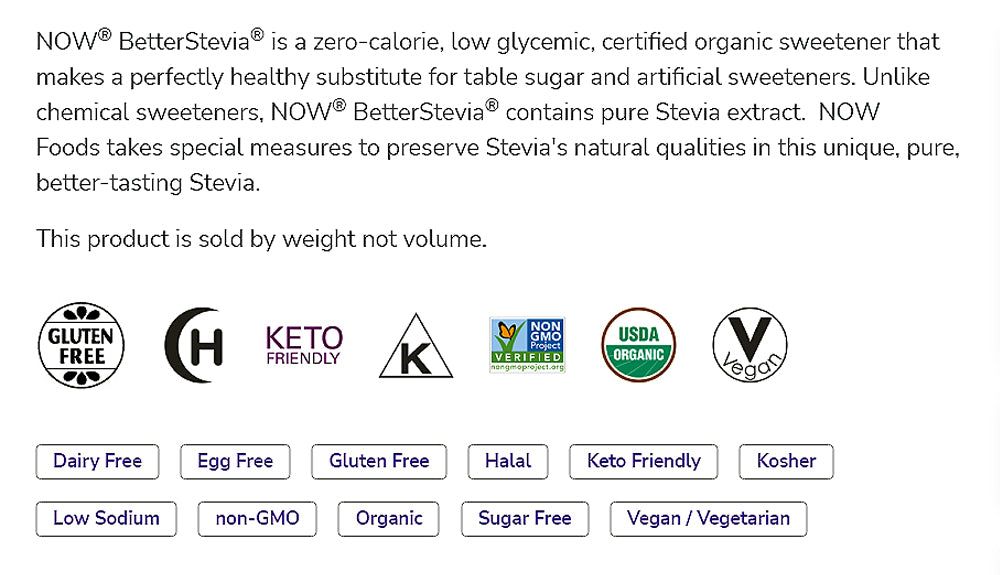 NOW Foods, Certified Organic Better Stevia, Extract Powder, Zero-Calorie Sweetener, Certified Non-GMO, 1-Ounce (28g) Natural Foods NOW Foods USA