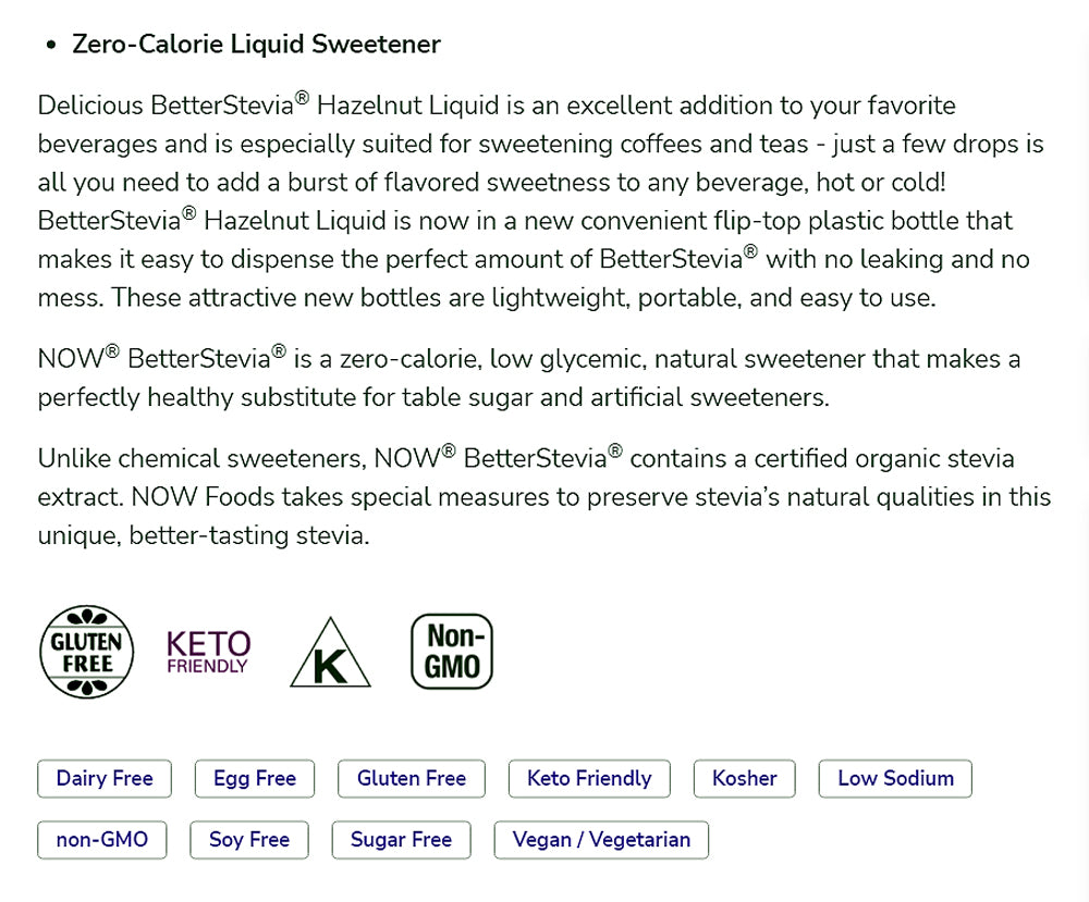 NOW Foods, Better Stevia Liquid, Hazelnut, Zero-Calorie Liquid Sweetener, Low Glycemic Impact, Certified Non-GMO, 2-Ounce (59 ml) - Bloom Concept