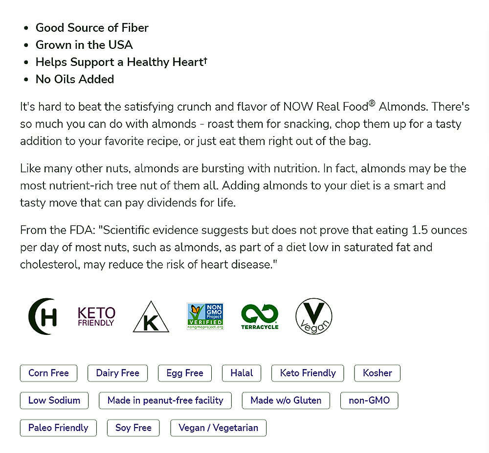 NOW Foods, Almonds, Raw and Unsalted, Source of Protein, Grown in the USA, 16-Ounce (454g) Natural Foods NOW Foods USA