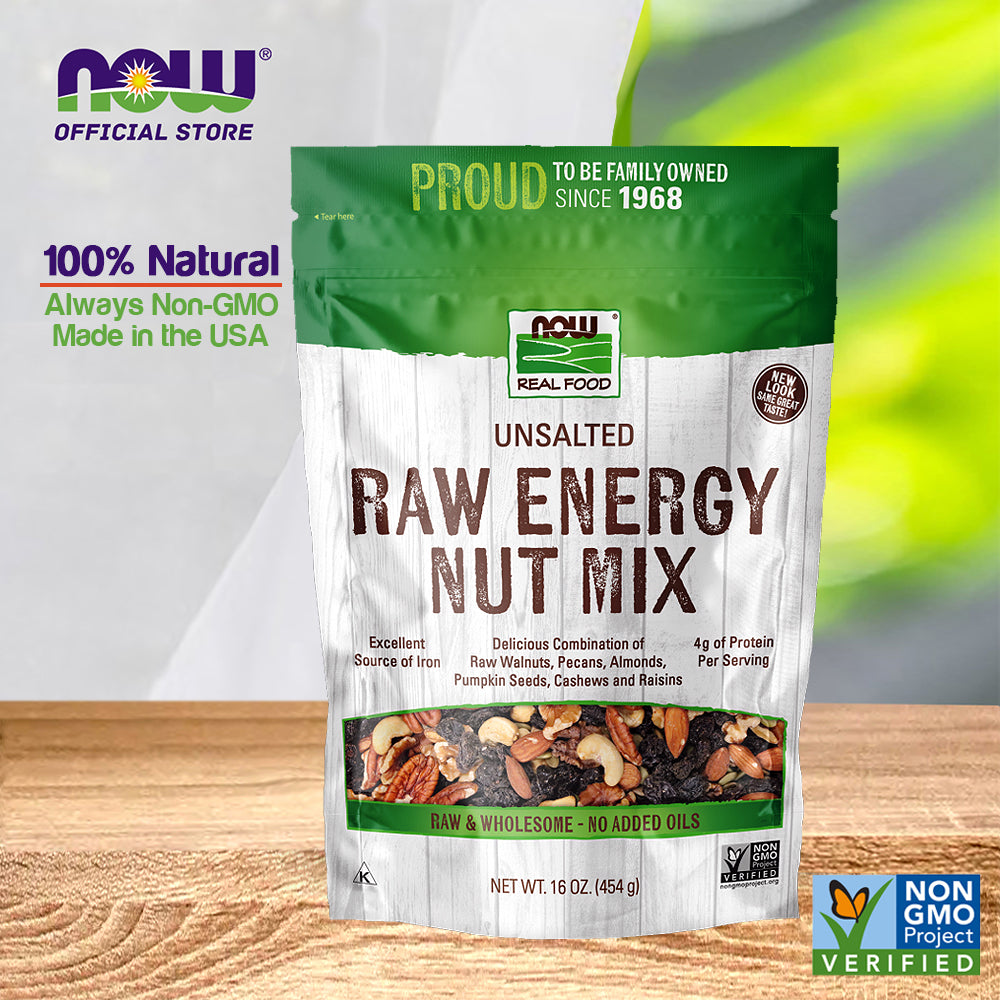 NOW Foods, Raw Energy Nut Mix, Unsalted Mix of Raisins, Walnuts, Peacans, Almonds, Pumpkin Seeds and Cashews, (454g) - Bloom Concept