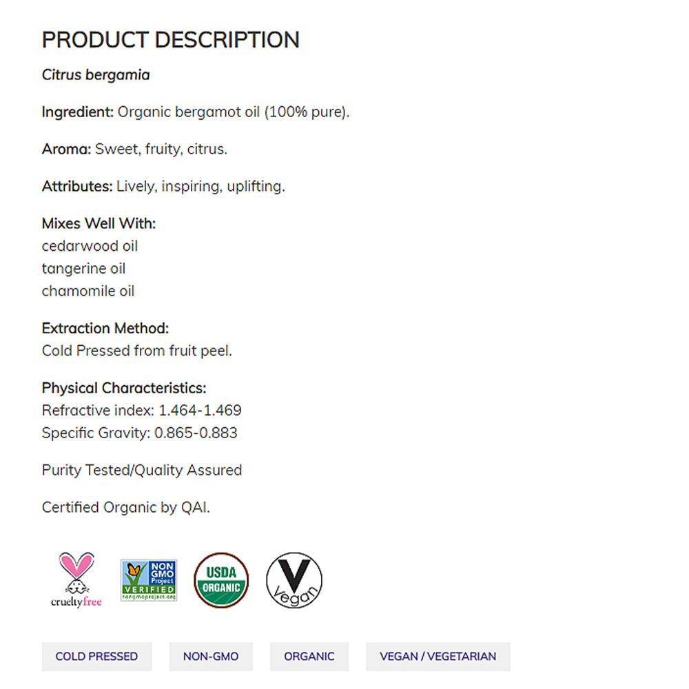 NOW Essential Oils, Organic Bergamot Oil, Sweet Aromatherapy Scent, Cold Pressed, 100% Pure, Vegan, Child Resistant Cap, 1-Ounce (30ml) Essential oils NOW Foods USA