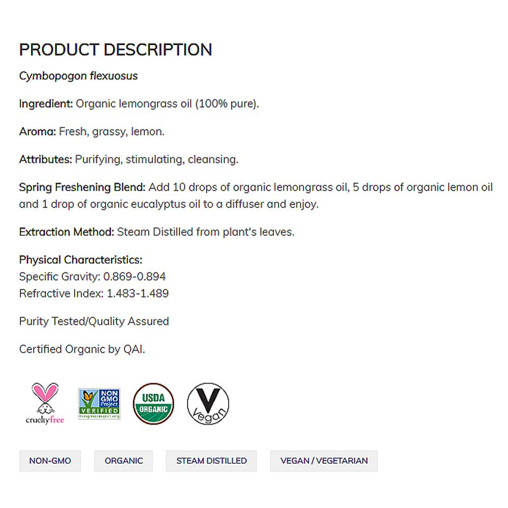 NOW Essential Oils, Organic Lemongrass Oil, Uplifting Aromatherapy Scent, Steam Distilled, 100% Pure, Vegan, Child Resistant Cap, 1-Ounce (30ml) Essential oils NOW Foods USA