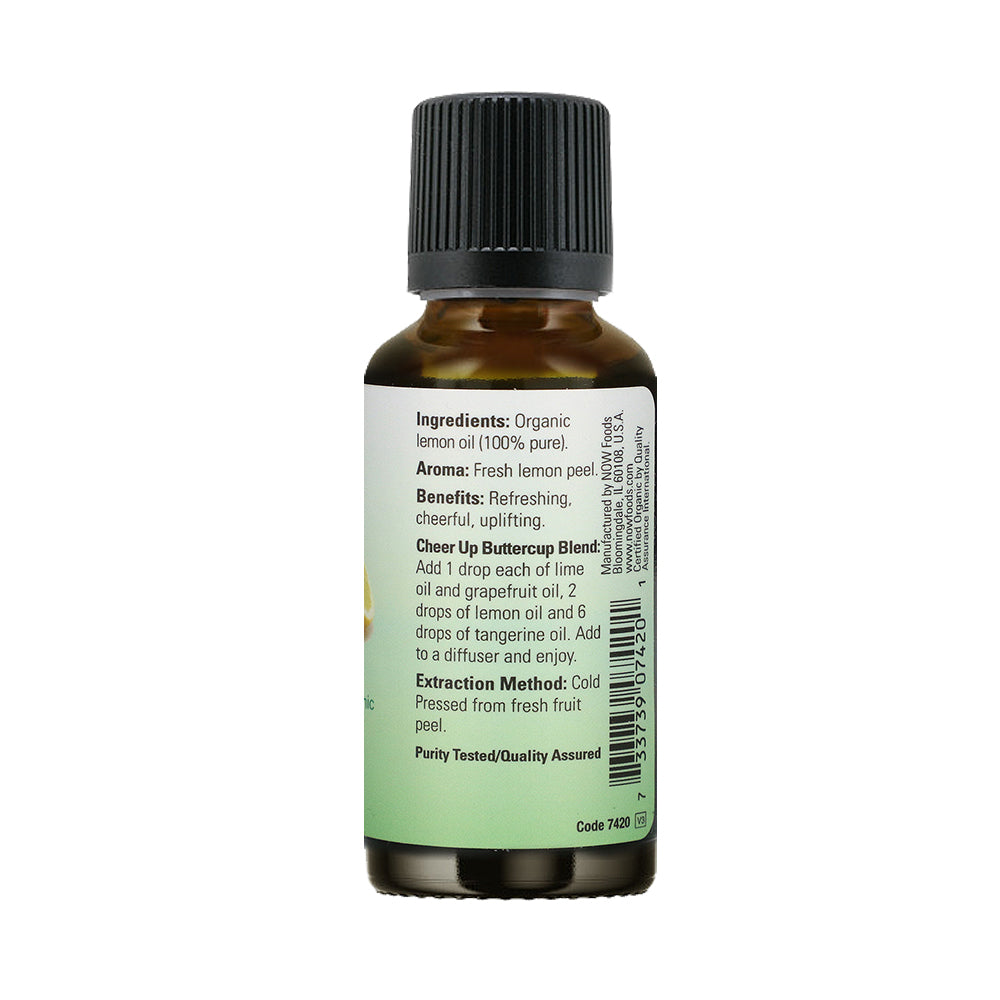 NOW Essential Oils, Organic Lemon Oil, Cheerful Aromatherapy Scent, Cold Pressed, 100% Pure, Vegan, Child Resistant Cap, 1-Ounce (30ml) Essential oils NOW Foods USA