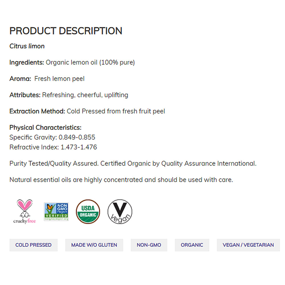 NOW Essential Oils, Organic Lemon Oil, Cheerful Aromatherapy Scent, Cold Pressed, 100% Pure, Vegan, Child Resistant Cap, 1-Ounce (30ml) Essential oils NOW Foods USA