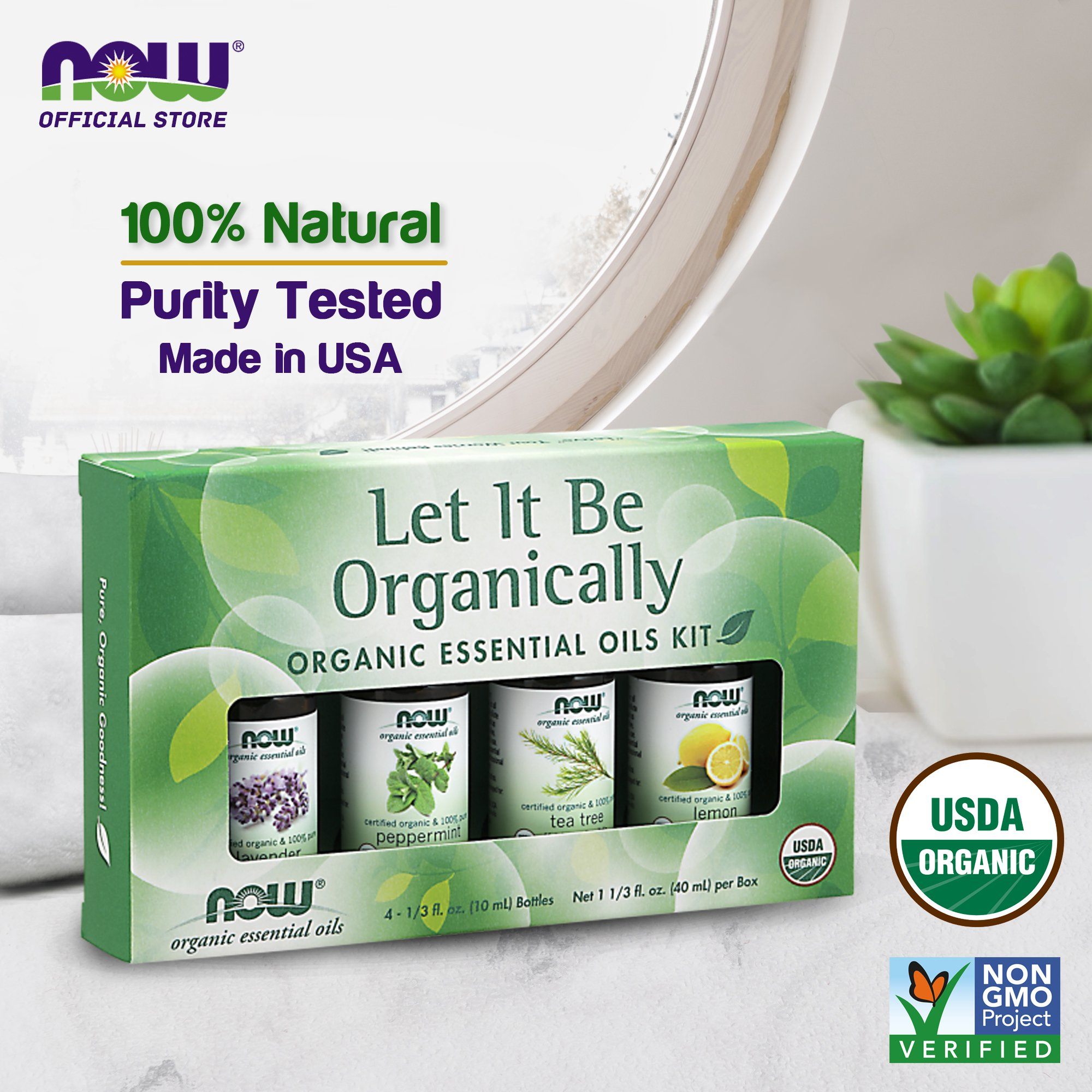 NOW Let It Be Organically Kit, 4x10ml Including: Organic Lavender, Organic Tea Tree, Organic Peppermint and Organic Lemon Essential Oils Essential oils NOW Foods USA