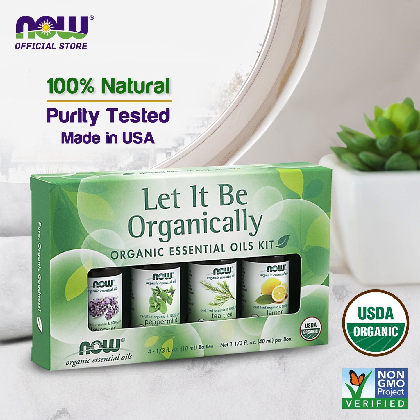 NOW Let It Be Organically Kit, 4x10ml Including: Organic Lavender, Organic Tea Tree, Organic Peppermint and Organic Lemon Essential Oils - Bloom Concept