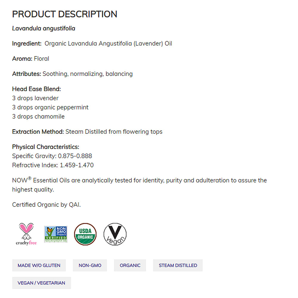 NOW Essential Oils, Organic Lavender Oil, Soothing Aromatherapy Scent, Steam Distilled, 100% Pure, Vegan, Child Resistant Cap, 1-Ounce (30ml) Essential oils NOW Foods USA