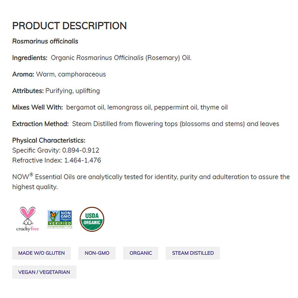 NOW Essential Oils, Organic Rosemary Oil, Purifying Aromatherapy Scent, Steam Distilled, 100% Pure, Vegan, Child Resistant Cap, 1-Ounce (30ml) Essential oils NOW Foods USA