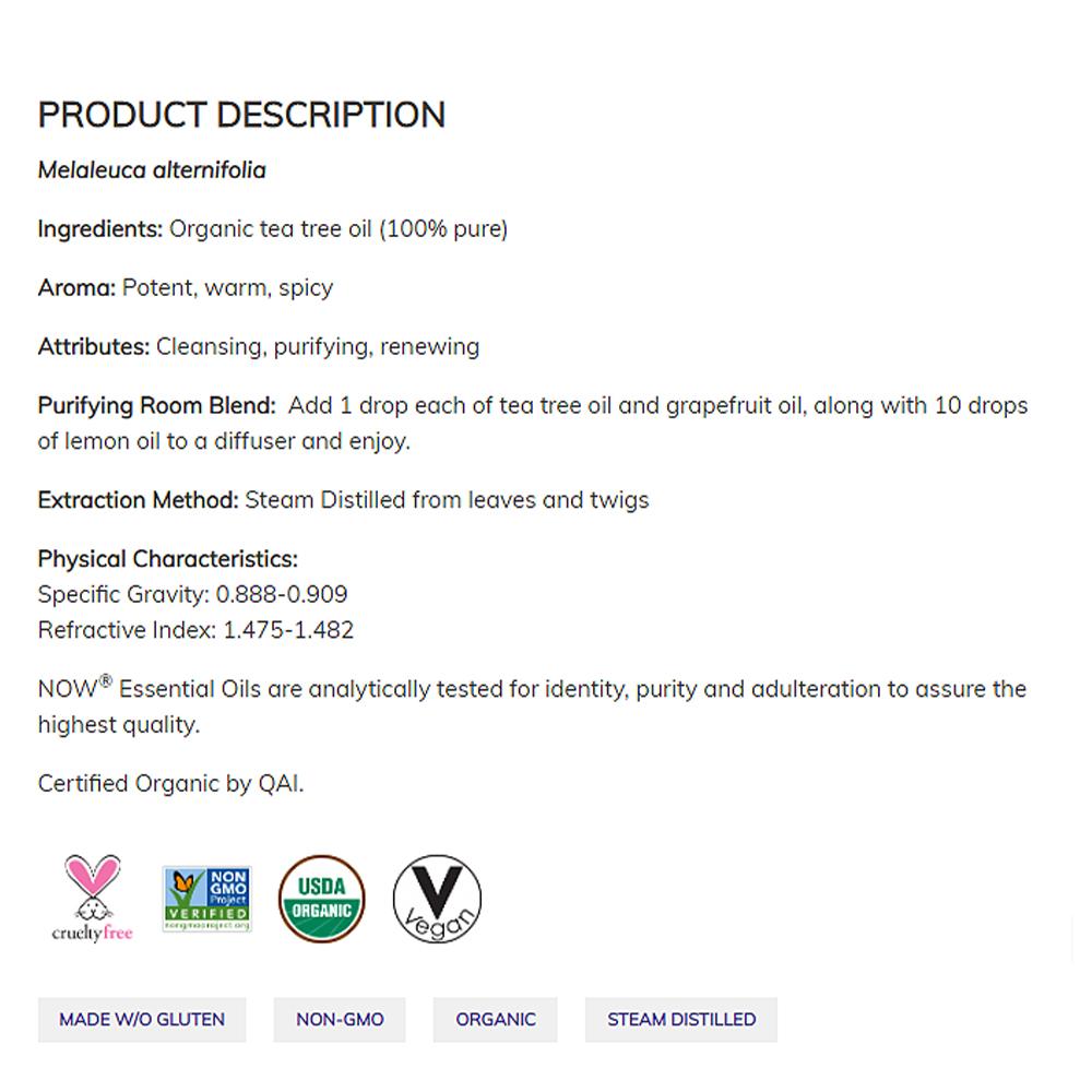 NOW Foods Organic Tea Tree Oil, Cleansing Aromatherapy Scent, Steam Distilled, 100% Pure, (30ml) Essential oils NOW Foods USA