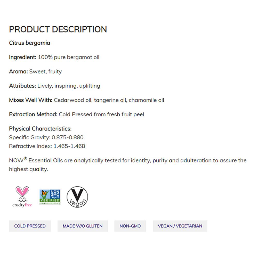 NOW Essential Oils, Bergamot Oil, Sweet Aromatherapy Scent, Cold Pressed, 100% Pure, Vegan, Child Resistant Cap, 1-Ounce (30ml) Essential oils NOW Foods USA