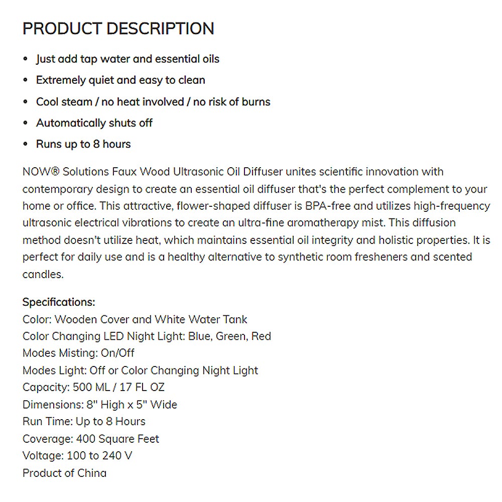 NOW Essential Oils, Ultrasonic Faux Wood Aromatherapy Oil Diffuser, Contemporary Design, Extremely Quiet Heat Free, Color Changing LED Diffuser Diffuser NOW Foods USA