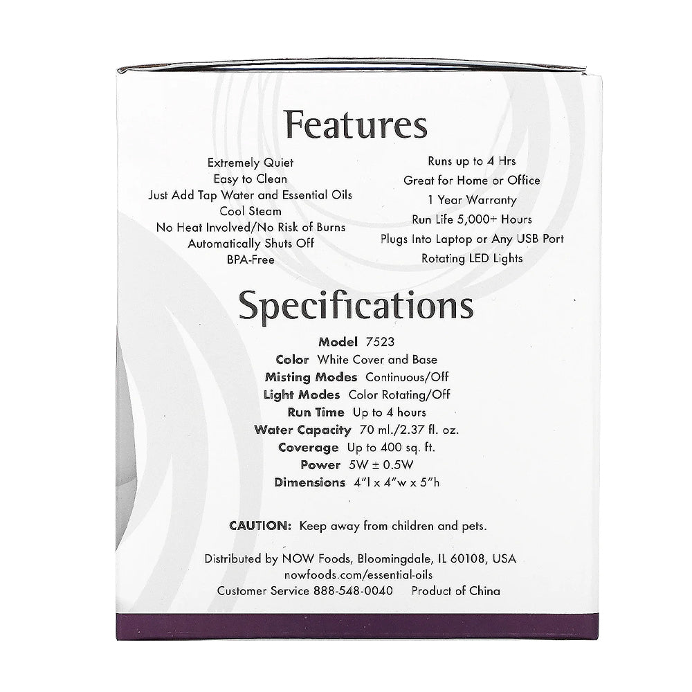 NOW Essential Oils, Ultrasonic USB Aromatherapy Oil Diffuser, Extremely Quiet, Heat Free, and Easy to Clean, Color Changing LED Diffuser Diffuser NOW Foods USA