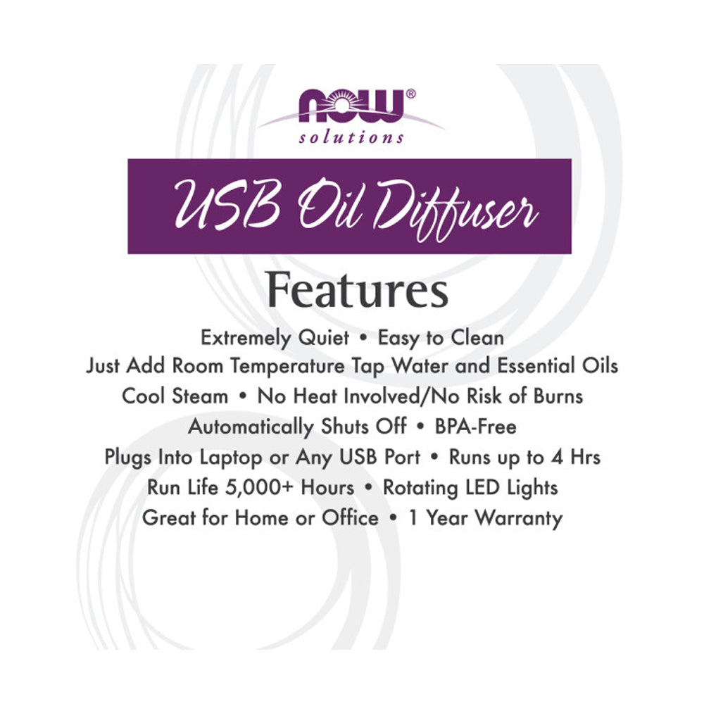 NOW Essential Oils, Ultrasonic USB Aromatherapy Oil Diffuser, Extremely Quiet, Heat Free, and Easy to Clean, Color Changing LED Diffuser Diffuser NOW Foods USA