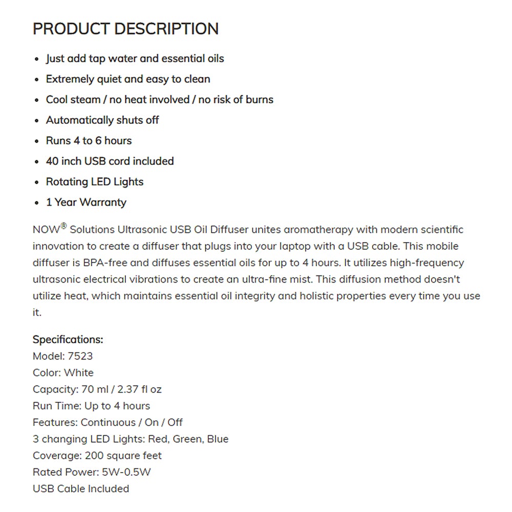 NOW Essential Oils, Ultrasonic USB Aromatherapy Oil Diffuser, Extremely Quiet, Heat Free, and Easy to Clean, Color Changing LED Diffuser Diffuser NOW Foods USA