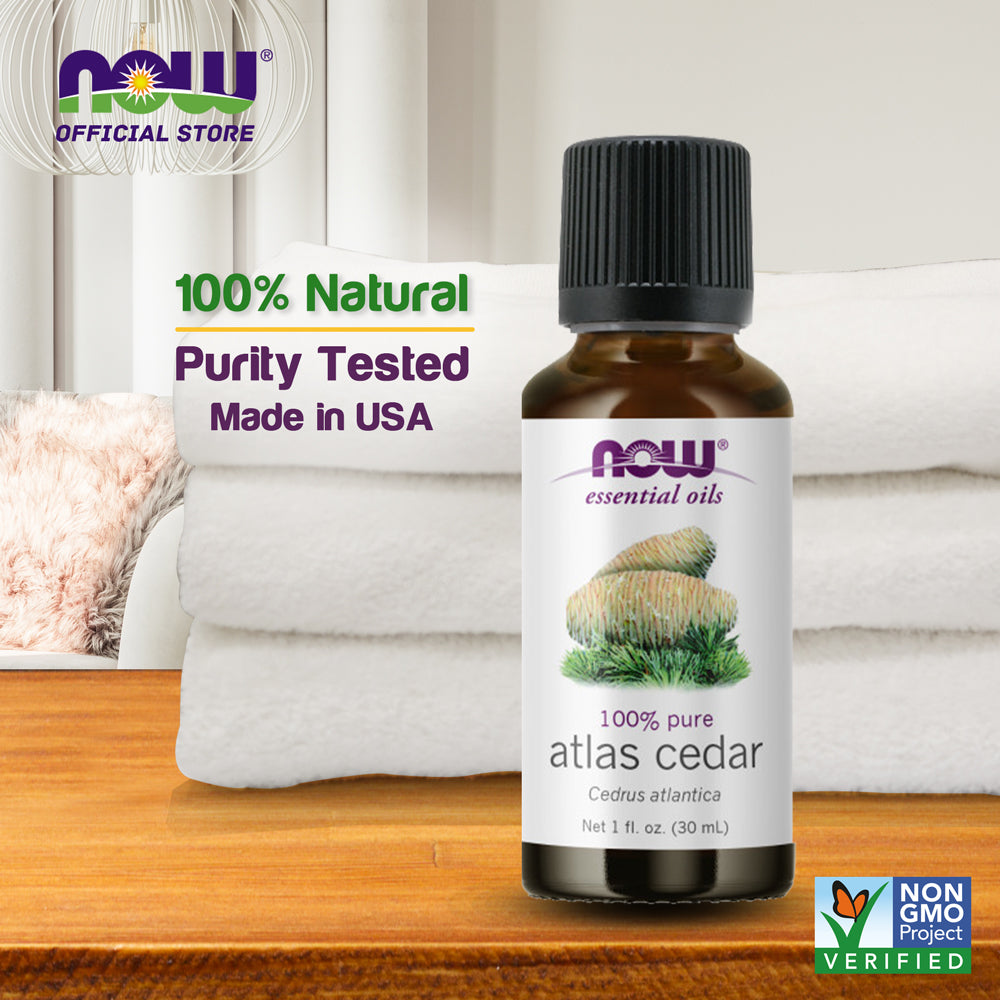 NOW FOODS Essential Oils, Atlas Cedar Oil, Balancing Aromatherapy Scent, Steam Distilled, 100% Pure, Vegan, Child Resistant Cap, 1-Ounce (30 ml) - Bloom Concept