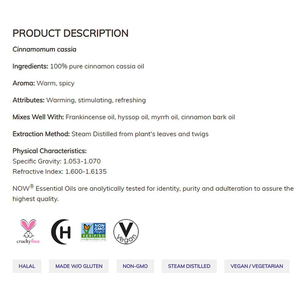 NOW FOODS Essential Oils, Cinnamon Cassia Oil, Warming Aromatherapy Scent, Steam Distilled, 100% Pure, Vegan, Child Resistant Cap, 1-Ounce (30 ml) Essential oils NOW Foods USA