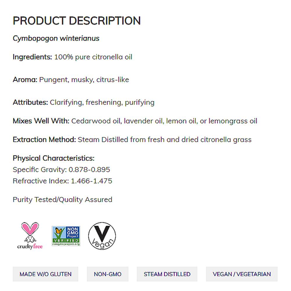 NOW Essential Oils, Citronella Oil, Freshening Aromatherapy Scent, Steam Distilled, 100% Pure, Vegan, Child Resistant Cap, 4-Ounce (118 ml) Essential oils NOW Foods USA