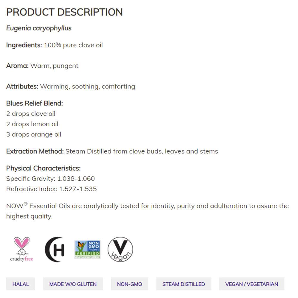 NOW Essential Oils, Clove Oil, Balancing Aromatherapy Scent, Steam Distilled, 100% Pure, Vegan, Child Resistant Cap, 1-Ounce( 30 ml) Essential oils NOW Foods USA