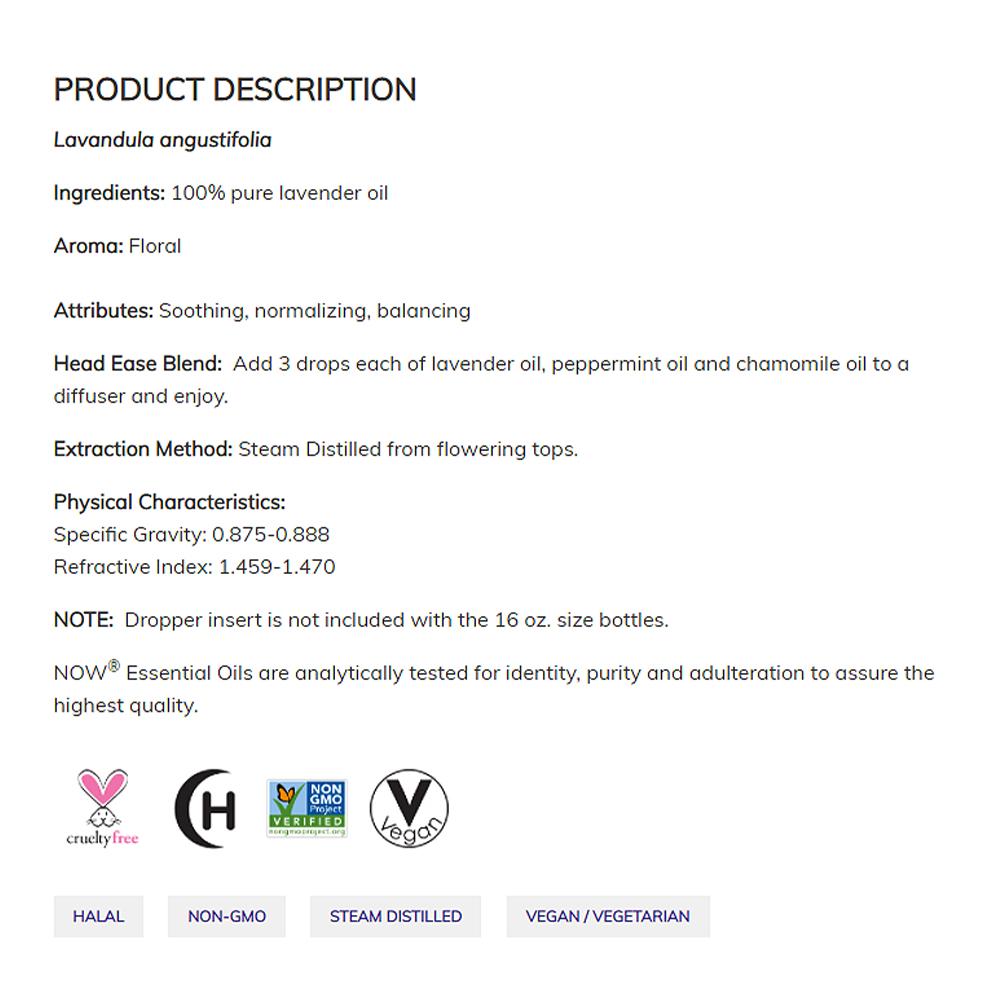 NOW Essential Oils, Lavender Oil, Soothing Aromatherapy Scent, Steam Distilled, 100% Pure, Vegan, 4-Ounce (118 ml) Essential oils NOW Foods USA