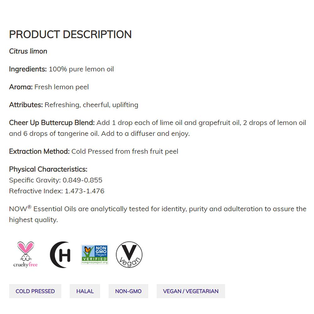 NOW FOODS Essential Oils, Lemon Oil, Cheerful Aromatherapy Scent, Cold Pressed, 100% Pure, Vegan, Child Resistant Cap, 4-Ounce (118 ml) Essential oils NOW Foods USA