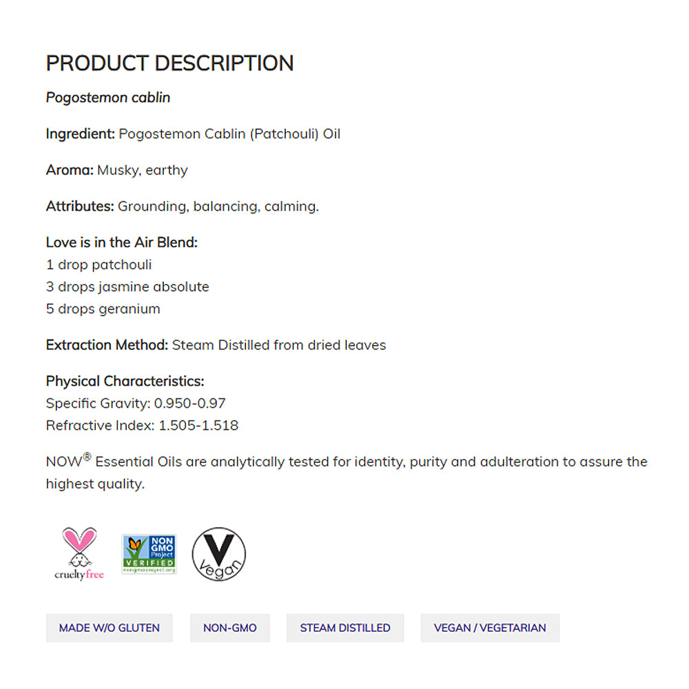 NOW Essential Oils, Patchouli Oil, Earthy Aromatherapy Scent, Steam Distilled, 100% Pure, Vegan, Child Resistant Cap, 1-Ounce(30ml) Essential oils NOW Foods USA